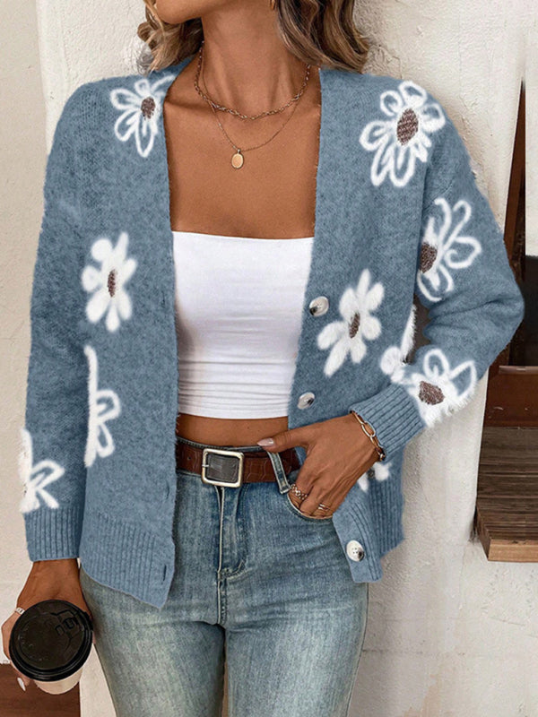 Floral Print Front Button-up Cardigan Sweater