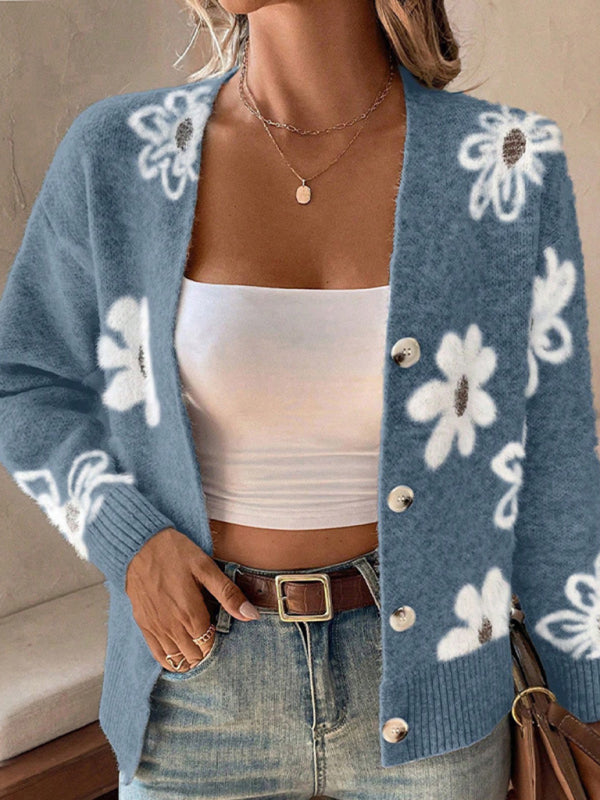 Floral Print Front Button-up Cardigan Sweater