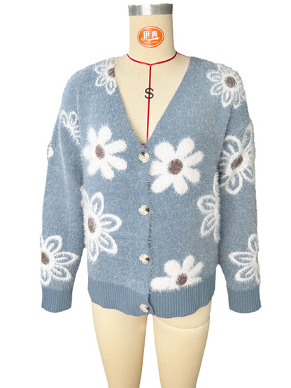 Floral Print Front Button-up Cardigan Sweater