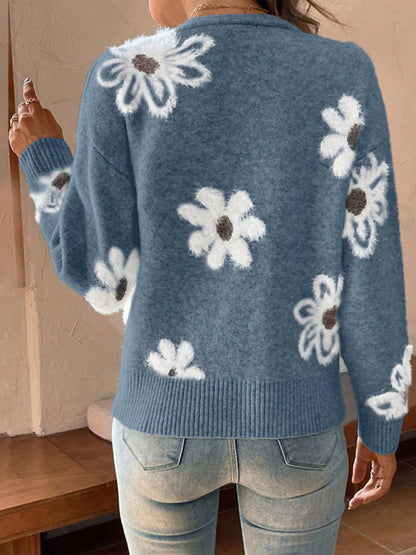 Floral Print Front Button-up Cardigan Sweater