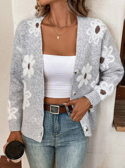 Floral Print Front Button-up Cardigan Sweater