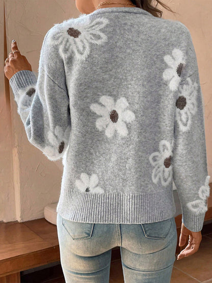 Floral Print Front Button-up Cardigan Sweater