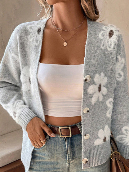 Floral Print Front Button-up Cardigan Sweater