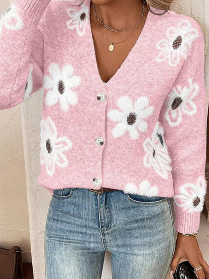 Floral Print Front Button-up Cardigan Sweater