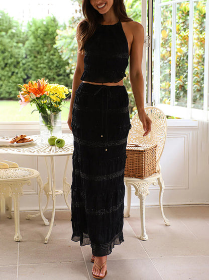 Cropped Sleeveless Chiffon Maxi Elastic Waist Two-Piece Set