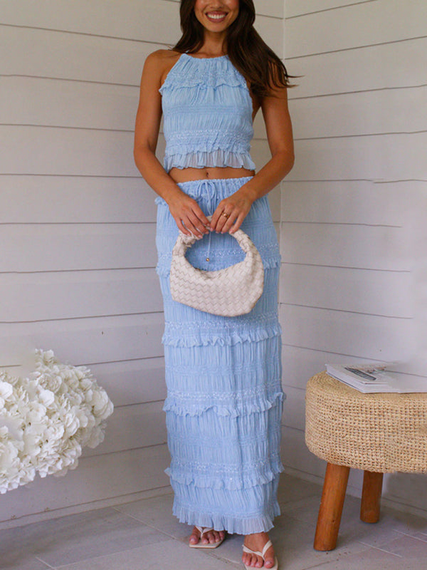 Cropped Sleeveless Chiffon Maxi Elastic Waist Two-Piece Set