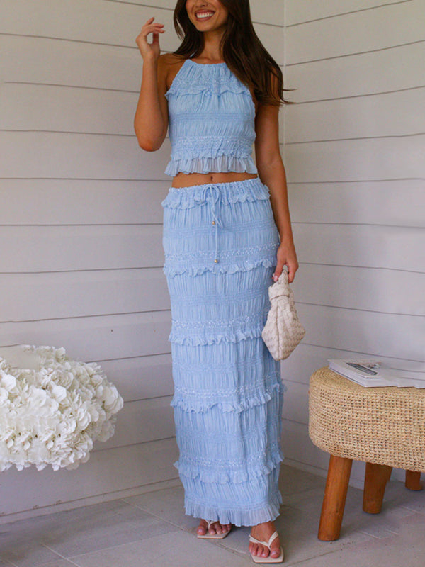 Cropped Sleeveless Chiffon Maxi Elastic Waist Two-Piece Set