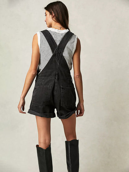 Loose Fit Multi-pocket Overalls Jeans Shorts Romper