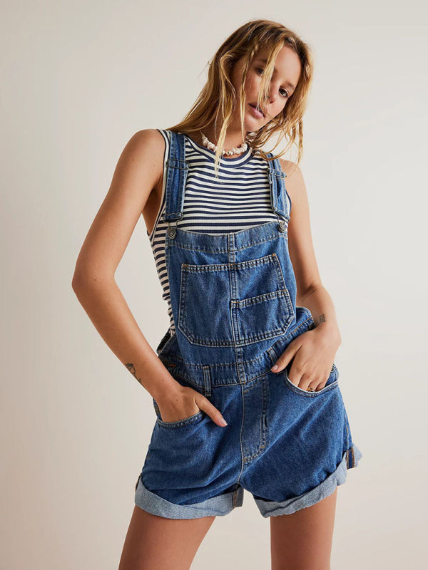 Loose Fit Multi-pocket Overalls Jeans Shorts Romper