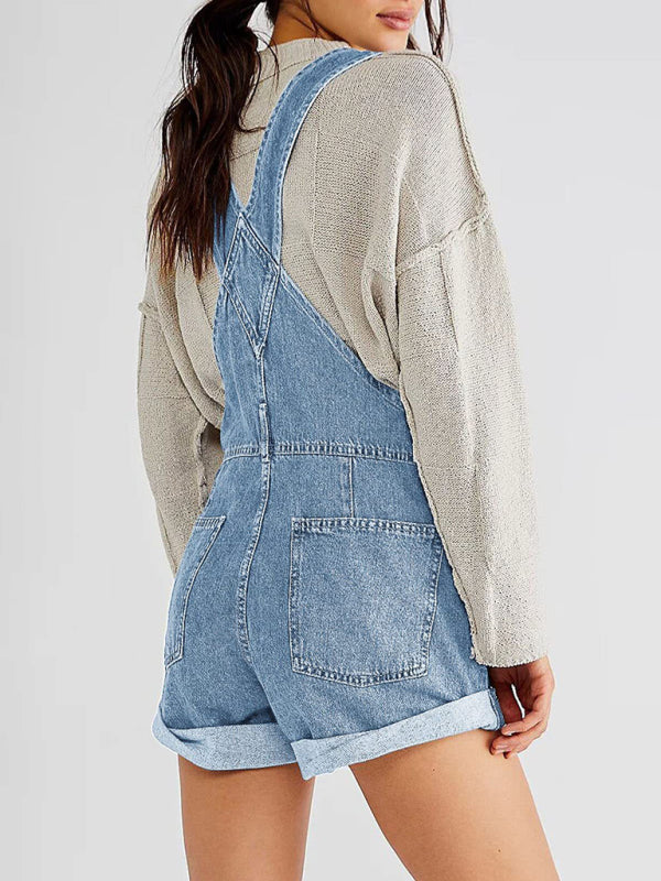 Loose Fit Multi-pocket Overalls Jeans Shorts Romper