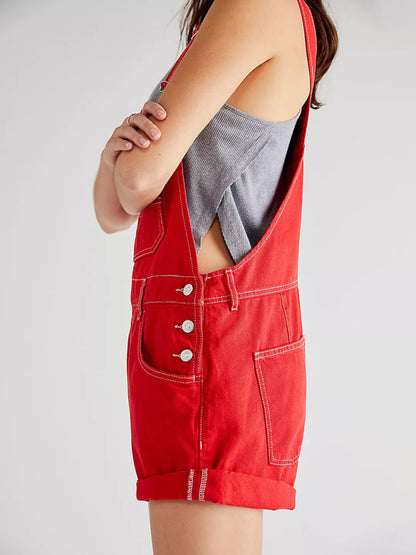 Loose Fit Multi-pocket Overalls Jeans Shorts Romper