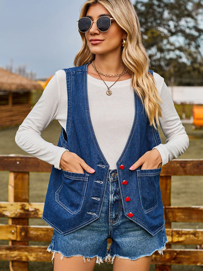 Fashion Heart Button Trend Denim Sleeveless Vest