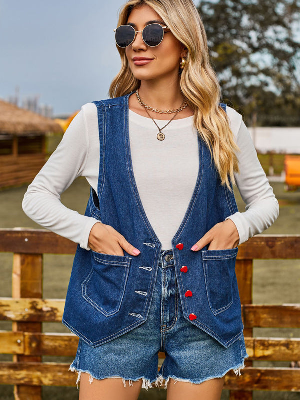 New vest fashion heart button trend denim sleeveless vest