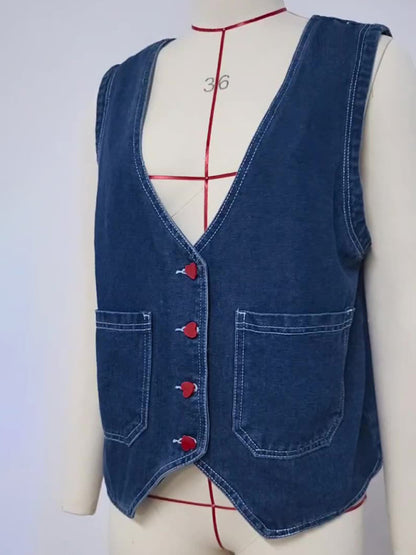 Fashion Heart Button Trend Denim Sleeveless Vest