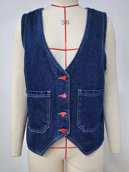 Fashion Heart Button Trend Denim Sleeveless Vest