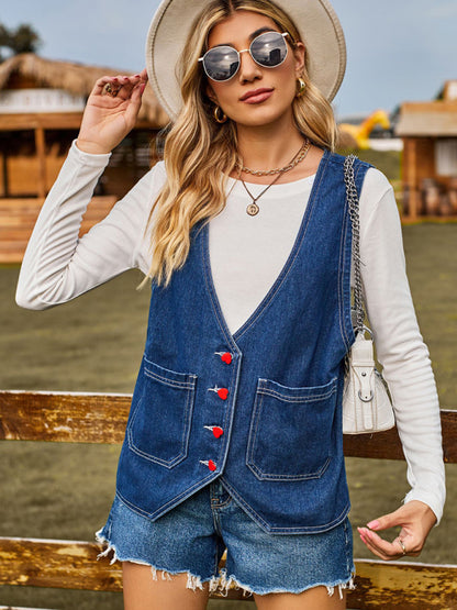 Fashion Heart Button Trend Denim Sleeveless Vest