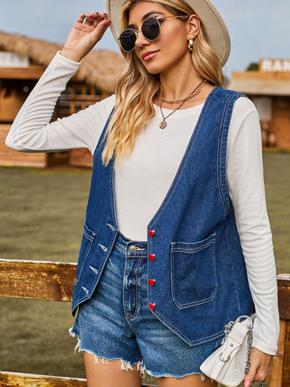 Fashion Heart Button Trend Denim Sleeveless Vest