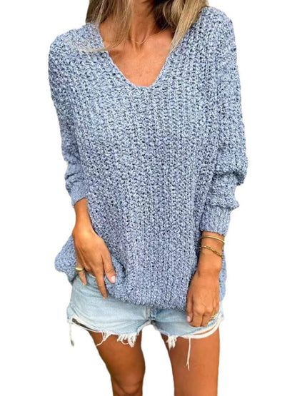 Chunky Flower Knitted V-Neck Lazy Long Sleeve Sweater