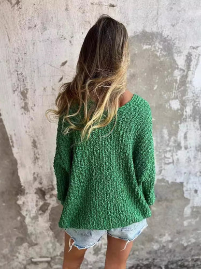 Chunky Flower Knitted V-Neck Lazy Long Sleeve Sweater