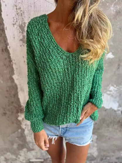 Chunky Flower Knitted V-Neck Lazy Long Sleeve Sweater