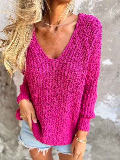 Chunky Flower Knitted V-Neck Lazy Long Sleeve Sweater