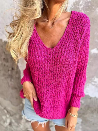 Chunky Flower Knitted V-Neck Lazy Long Sleeve Sweater