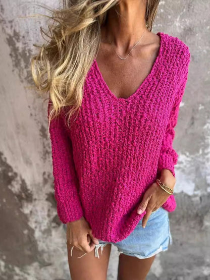 Chunky Flower Knitted V-Neck Lazy Long Sleeve Sweater