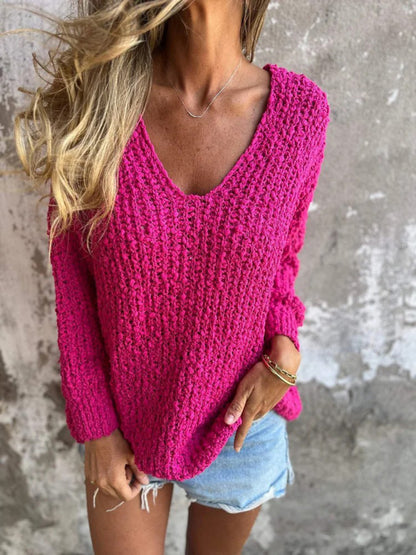 Chunky Flower Knitted V-Neck Lazy Long Sleeve Sweater