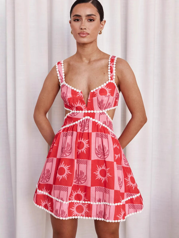 Sweetheart Neck Halter Side Cut-out Printed Mini Dress