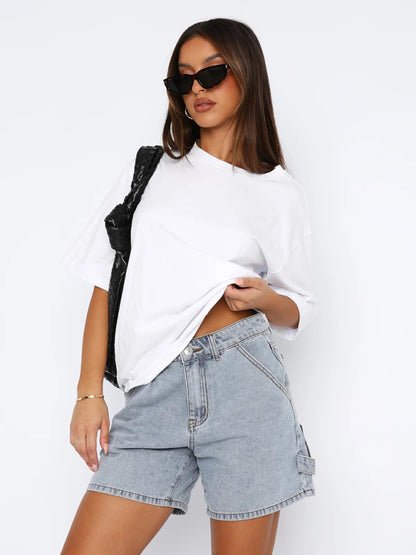 Casual Loose-fit Straight Style Denim Shorts