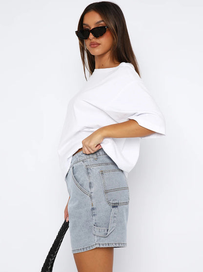 Casual Loose-fit Straight Style Denim Shorts