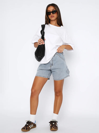 Casual Loose-fit Straight Style Denim Shorts