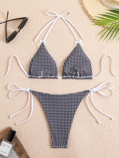 Lace-up Bow Plaid Print Multi-color Bikini Swimsuit