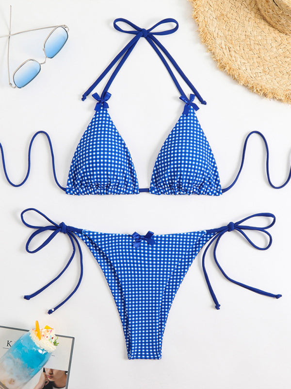 Lace-up Bow Plaid Print Multi-color Bikini Swimsuit