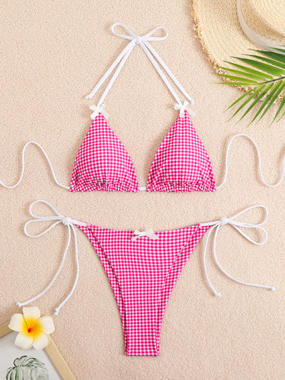 Lace-up Bow Plaid Print Multi-color Bikini Swimsuit