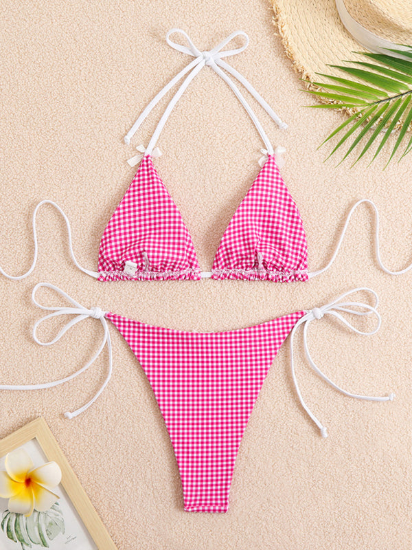 Lace-up Bow Plaid Print Multi-color Bikini Swimsuit