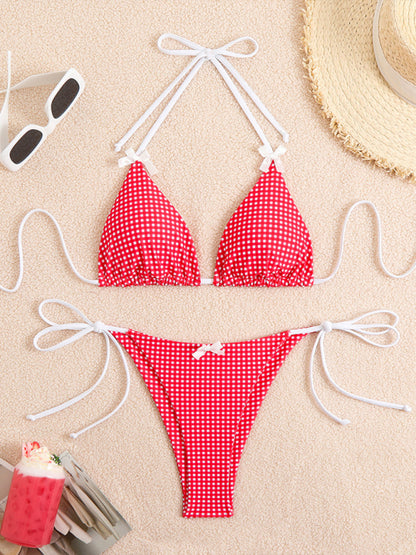 Lace-up Bow Plaid Print Multi-color Bikini Swimsuit