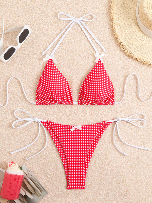 Lace-up Bow Plaid Print Multi-color Bikini Swimsuit