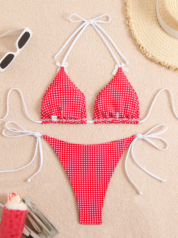 Lace-up Bow Plaid Print Multi-color Bikini Swimsuit