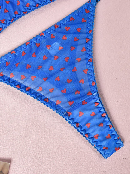 Valentine's Day Heart-shaped Print See-through Temptation Three-point Underwear Set