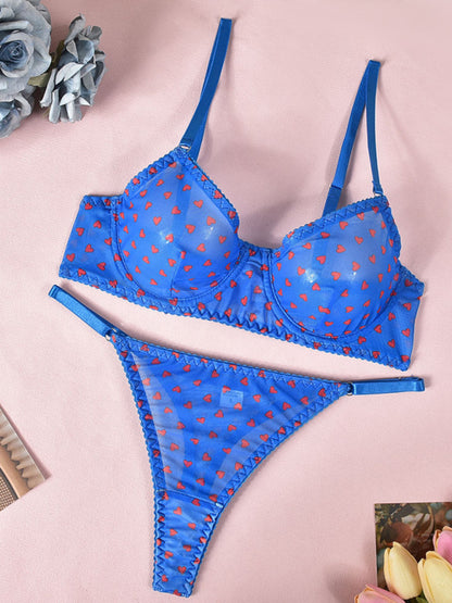 Valentine's Day Heart-shaped Print See-through Temptation Three-point Underwear Set