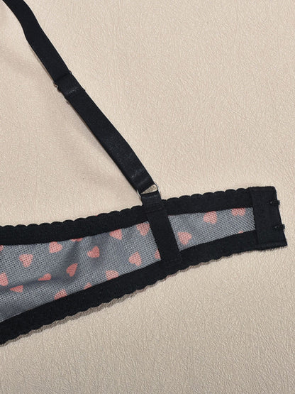 Valentine's Day Heart-shaped Print See-through Temptation Three-point Underwear Set