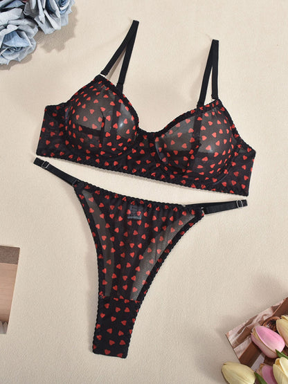 Valentine's Day Heart-shaped Print See-through Temptation Three-point Underwear Set