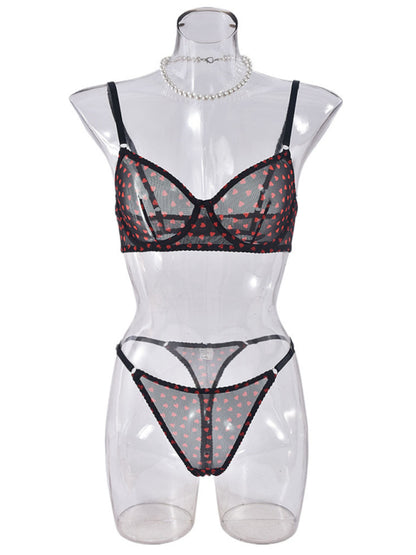 Valentine's Day Heart-shaped Print See-through Temptation Three-point Underwear Set