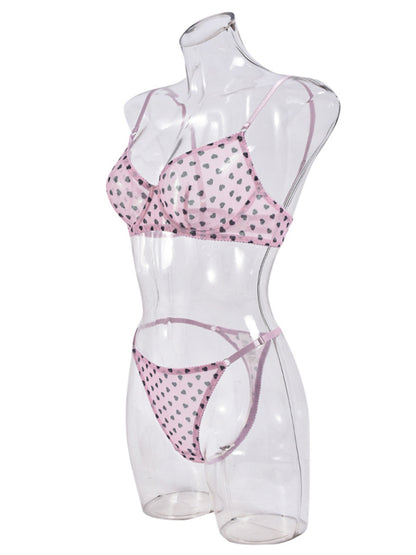 Valentine's Day Heart-shaped Print See-through Temptation Three-point Underwear Set