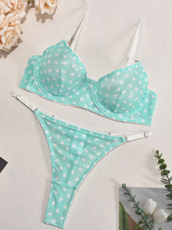 Valentine's Day Heart-shaped Print See-through Temptation Three-point Underwear Set