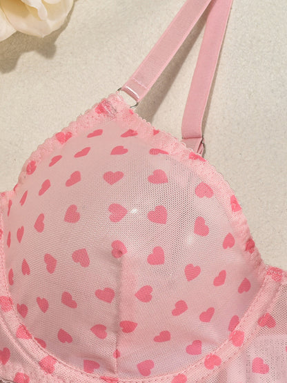 Valentine's Day Heart-shaped Print See-through Temptation Three-point Underwear Set