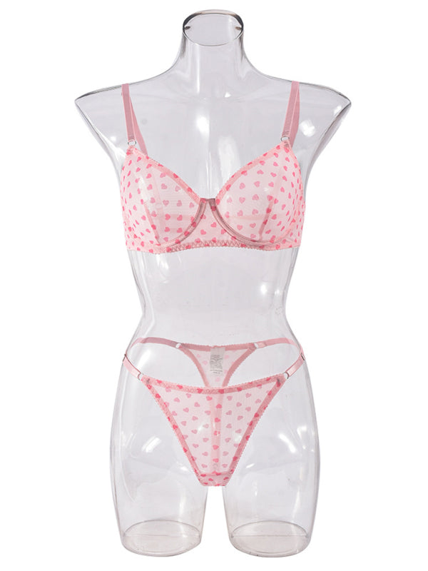 Valentine's Day Heart-shaped Print See-through Temptation Three-point Underwear Set