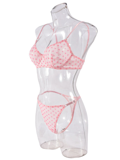 Valentine's Day Heart-shaped Print See-through Temptation Three-point Underwear Set