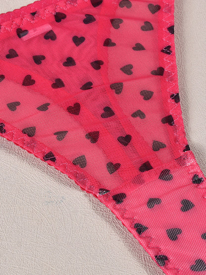 Valentine's Day Heart-shaped Print See-through Temptation Three-point Underwear Set